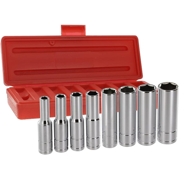 Drixet 1/4" Drive Deep SAE/Inch Socket Set | 8-Piece 6-Point CR-V Sockets with Case | Includes Sizes: 3/16, 7/32, 1/4, 9/32, 5/16, 11/32, 3/8 & 7/16