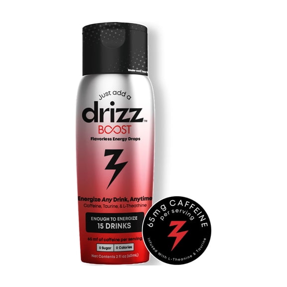 Drizz Flavorless Energy Drops 60ml 15 Servings  Add a clean, flavorless boost to any drink with 65mg caffeine plus L-theanine and taurine for smooth, balanced energy without changing the taste.