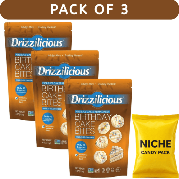 Drizzilicious Bithday Cake Bites Drizzled Mini Rice Cakes, 4oz 3- Pack-with candy pack