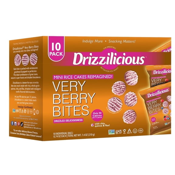 Drizzilicious Mini Rice Cakes, Very Berry Flavored Rice Cake Gluten Free Snacks, Rice Crisps 10-Pack