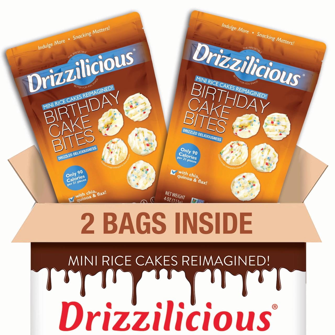 Drizzilicious Mini Rice Cakes Birthday Cake - Rice Crisps, Healthy Snack for Adults & Kids, Flavored Rice Cakes, Vegan, Non-GMO, Gluten Free, Allergen Free, Kosher, 90 Calories Per Serving (2 pack)