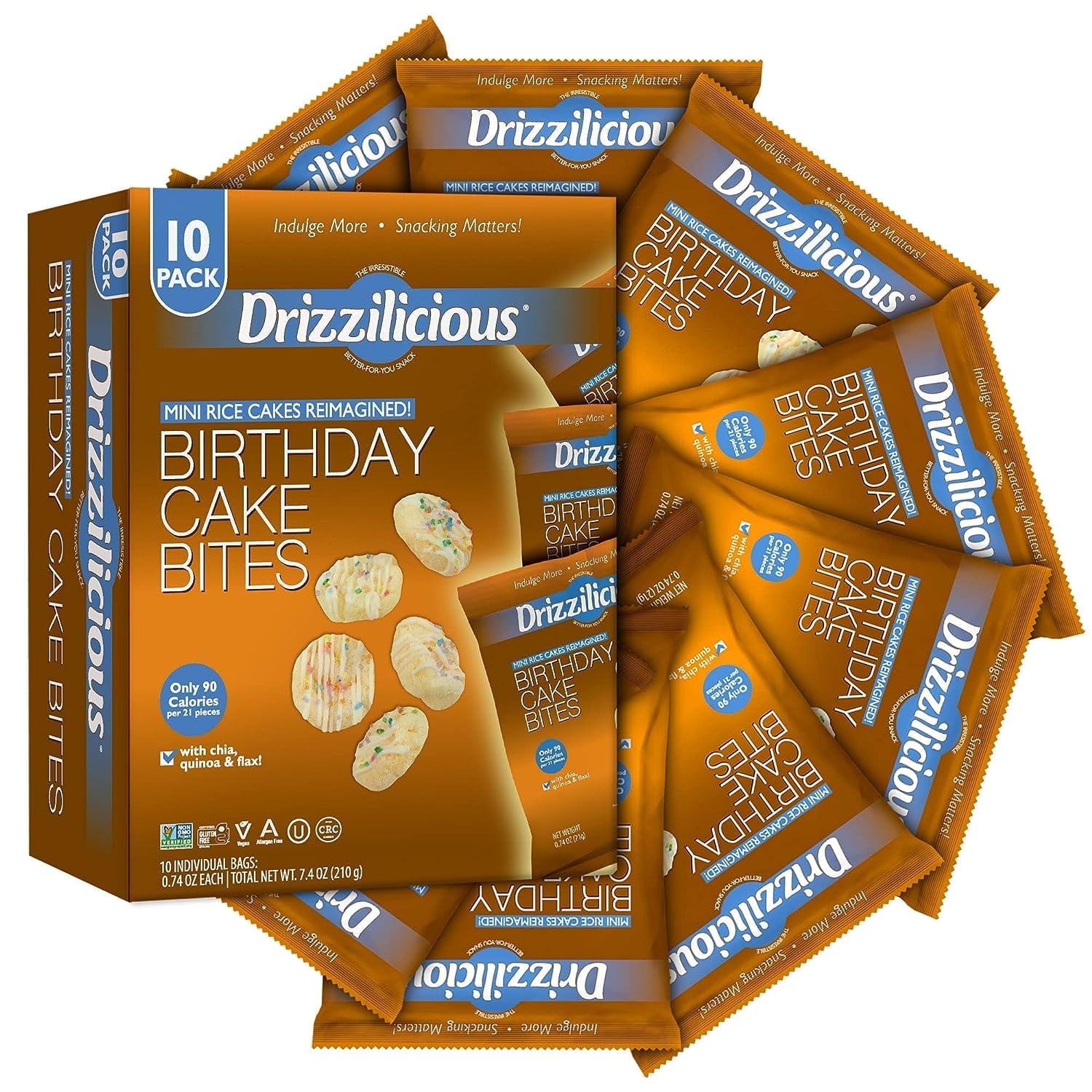 Drizzilicious Mini Rice Cakes Birthday Cake - Rice Crisps, Healthy Snack for Adults & Kids, Vegan, Non-GMO, Gluten Free, Allergen Free, Kosher, 90 Calories per Serving - 10Pk