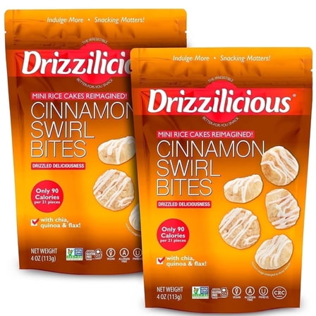 Drizzilicious Mini Rice Cakes, Cinnamon Swirl Flavored Rice Cake Gluten Free Snacks, Rice Crisps 2-Pack