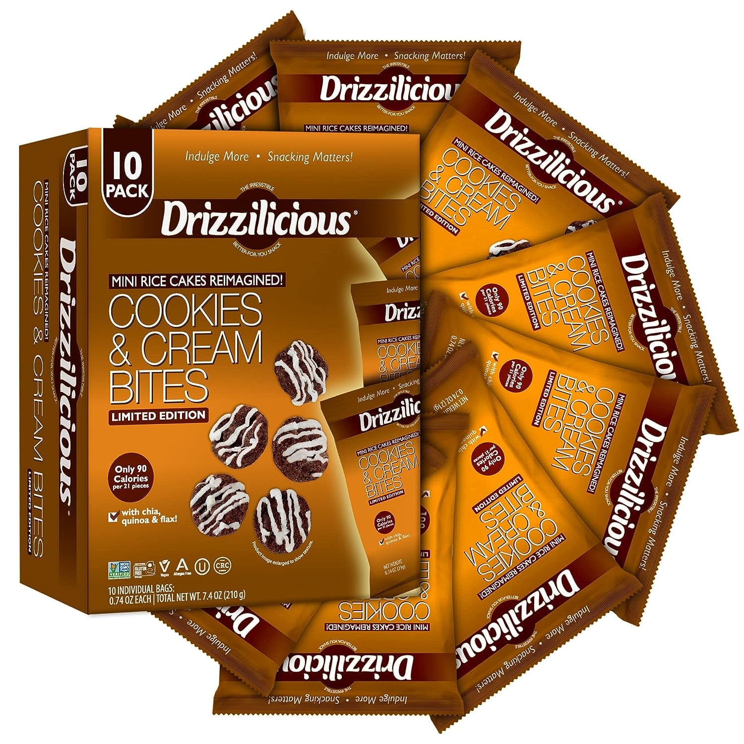 Drizzilicious Mini Rice Cakes Cookies & Cream - Rice Crisps, Healthy Snack for Adults and Kids, Vegan, Non-GMO, Gluten Free, Allergen Free, & only 90 Calories per Serving - 10 Pk