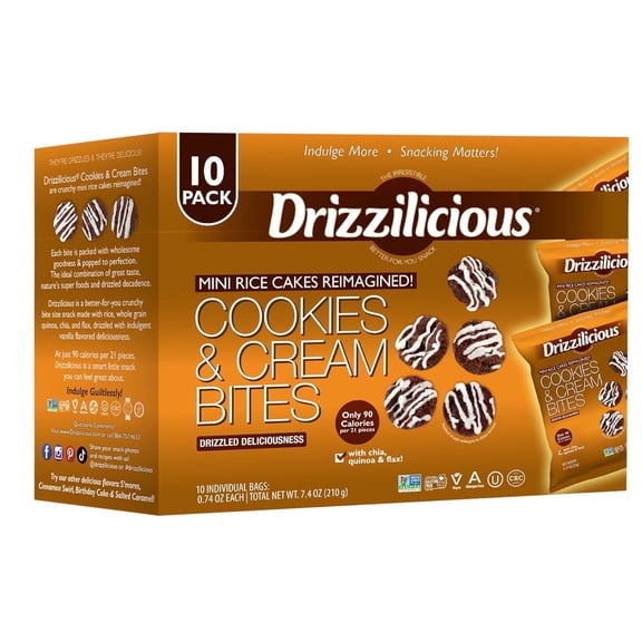 Drizzilicious Mini Rice Cakes, Cookies & Cream Flavored Rice Cake Gluten Free Snacks, Rice Crisps 10-Pack