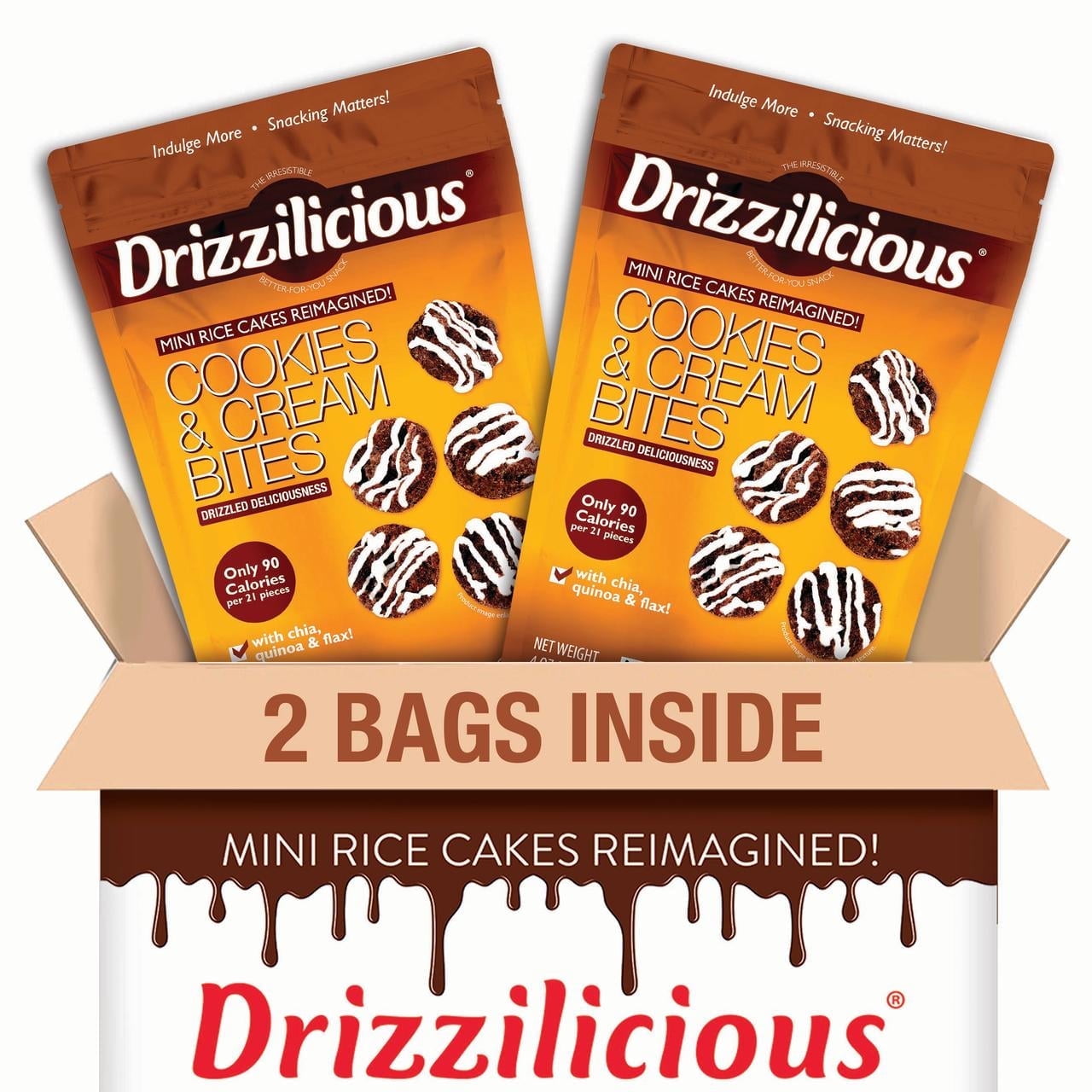 Drizzilicious Mini Rice Cakes Cookies & Cream - Rice Crisps, Healthy Snack for Adults & Kids, Flavored Rice Cakes, Vegan, Non-GMO, Gluten Free, Allergen Free, Kosher, 90 Calories Per Serving (2 pack)