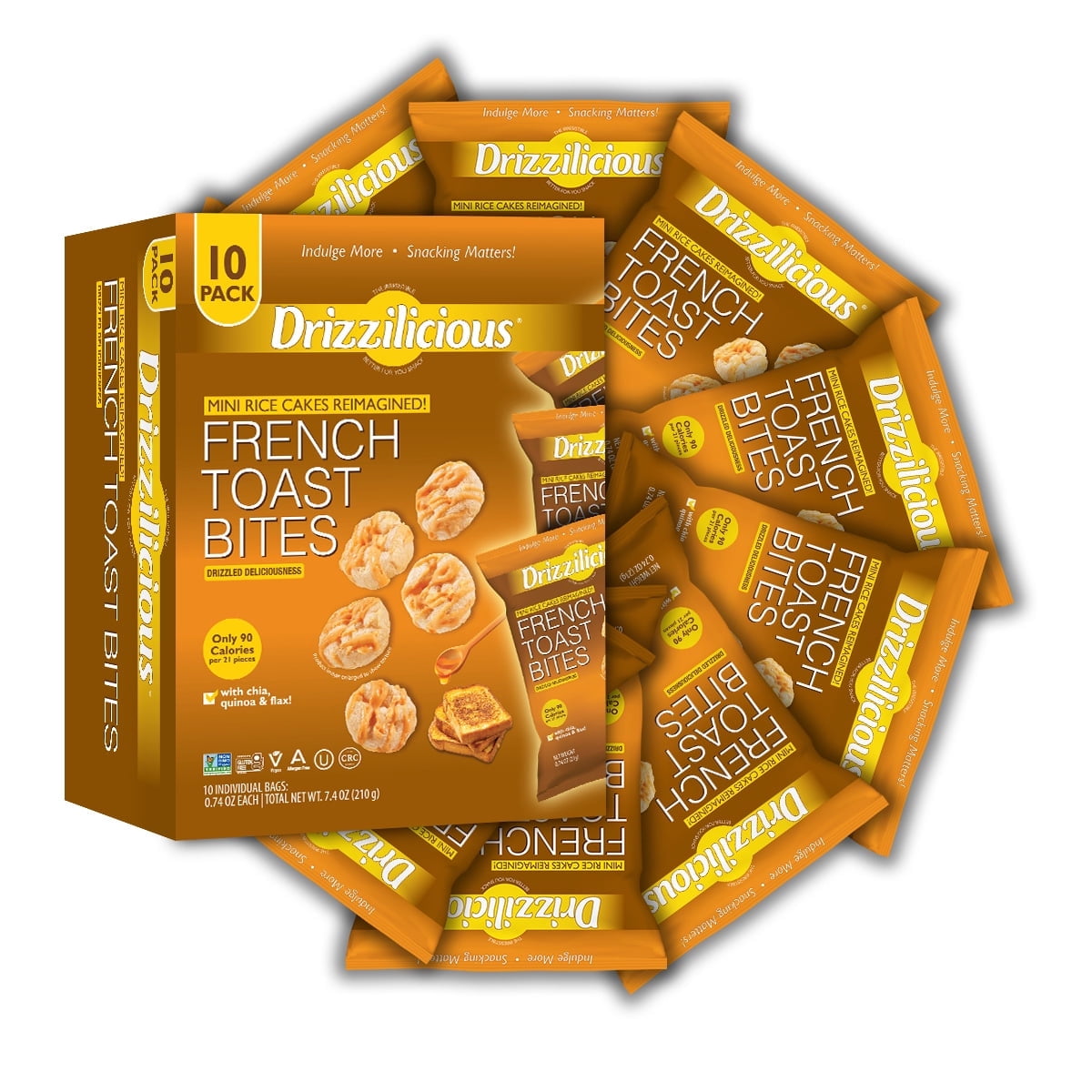 Drizzilicious Mini Rice Cakes French Toast- Rice Crisps, Healthy Snack for Adults & Kids, Vegan, Non-GMO, Gluten Free, Allergen Free, Kosher, 90 Calories per Serving (10 Pack)