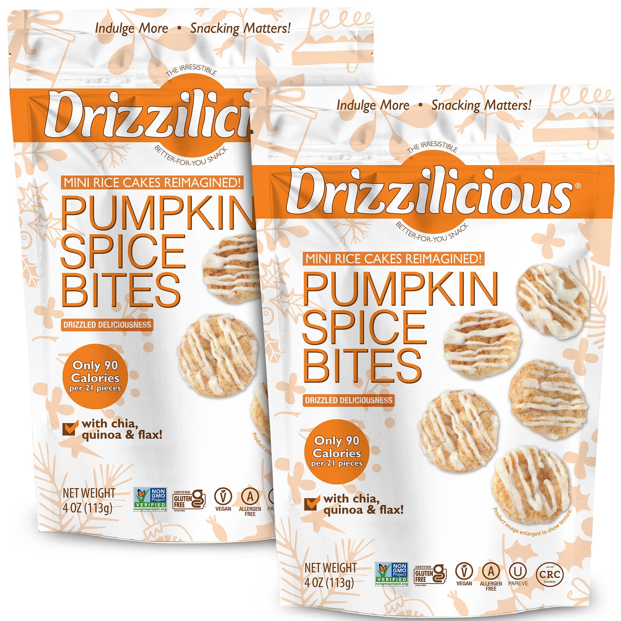 Drizzilicious Mini Rice Cakes SSF20 - Rice Crisps, Healthy Snack for Adults and Kids, Flavored Rice Cakes, Vegan, Gluten Free, Only 90 Calories Per Serving - Pumpkin Spice, 4 oz (Pack of 2)
