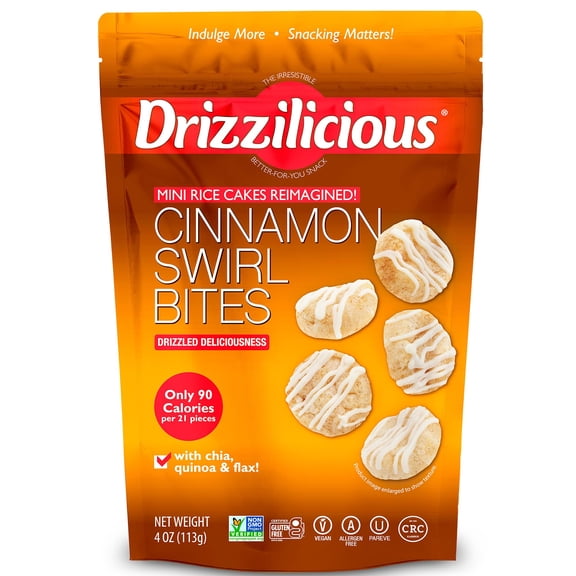 Drizzilicious Mini Rice Cakes STF9Cinnamon Swirl - Rice Crisps, Snack for Adults and Kids, Flavored Rice Cakes, Vegan, Gluten Free, Allergen Free, Only 90 Calories Per Serving - 4 oz (Pack of 1)