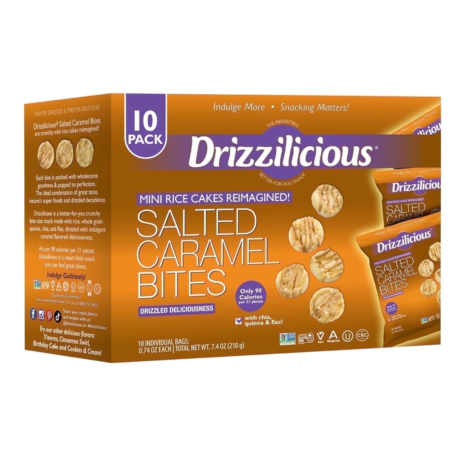 Drizzilicious Mini Rice Cakes, Salted Caramel Flavored Rice Cake Gluten Free Snacks, Rice Crisps 10-Pack