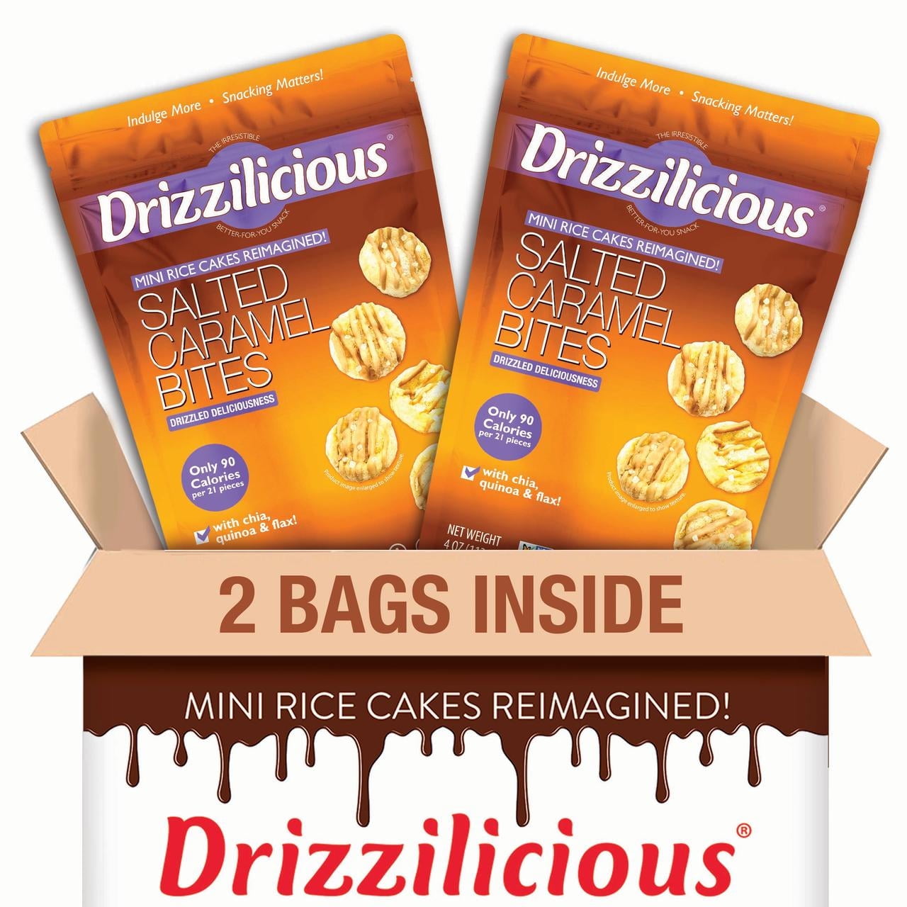 Drizzilicious Mini Rice Cakes Salted Caramel - Rice Crisps, Healthy Snack for Adults & Kids, Flavored Rice Cakes, Vegan, Non-GMO, Gluten Free, Allergen Free, Kosher, 90 Calories Per Serving (2 pack)