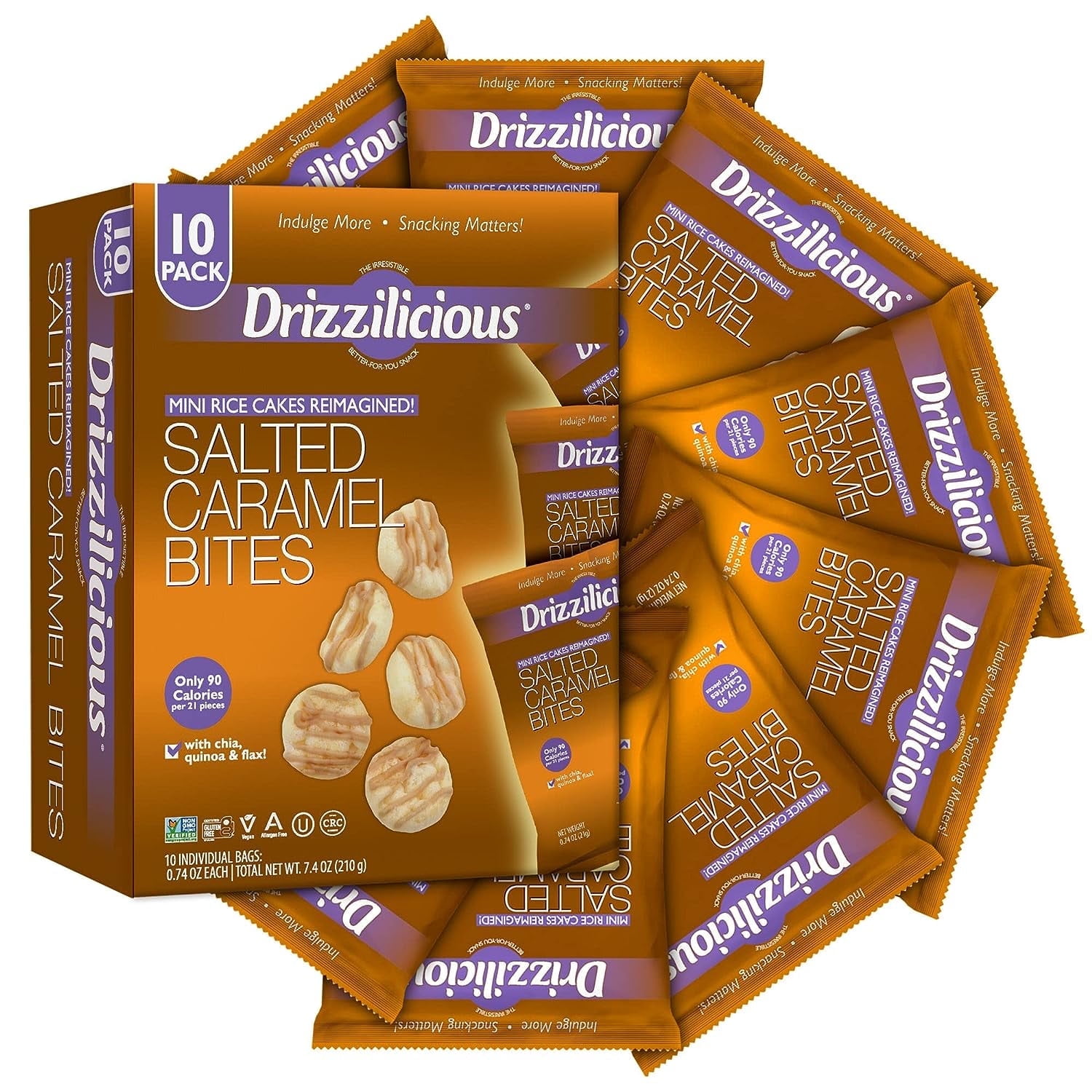 Drizzilicious Mini Rice Cakes Salted Caramel - Rice Crisps, Healthy Snack for Adults & Kids, Vegan, Non-GMO, Gluten Free, Allergen Free, Kosher, 90 Calories per Serving (10 Pack)