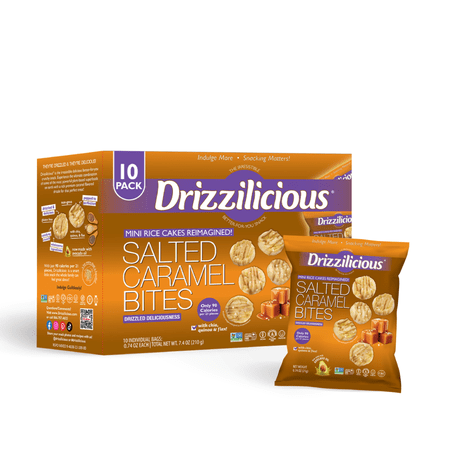 Drizzilicious Mini Rice Cakes, Salted Caramel Flavored Rice Cake Gluten Free Snacks, Rice Crisps 10-Pack