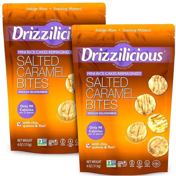 Drizzilicious Mini Rice Cakes, Salted Caramel Flavored Rice Cake Gluten Free Snacks, Rice Crisps 2-Pack