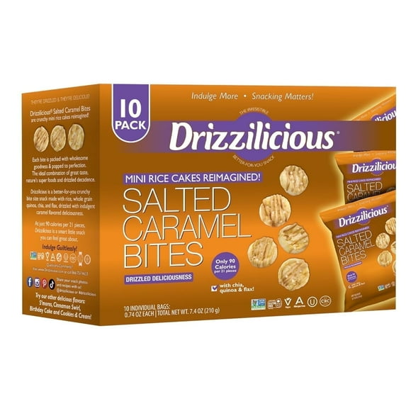 Drizzilicious Mini Rice Cakes Salted Caramel - Rice Crisps, Healthy Snack for Adults & Kids, Vegan, Non-GMO, Gluten Free, Allergen Free, Kosher, 90 Calories per Serving (10 Pack)
