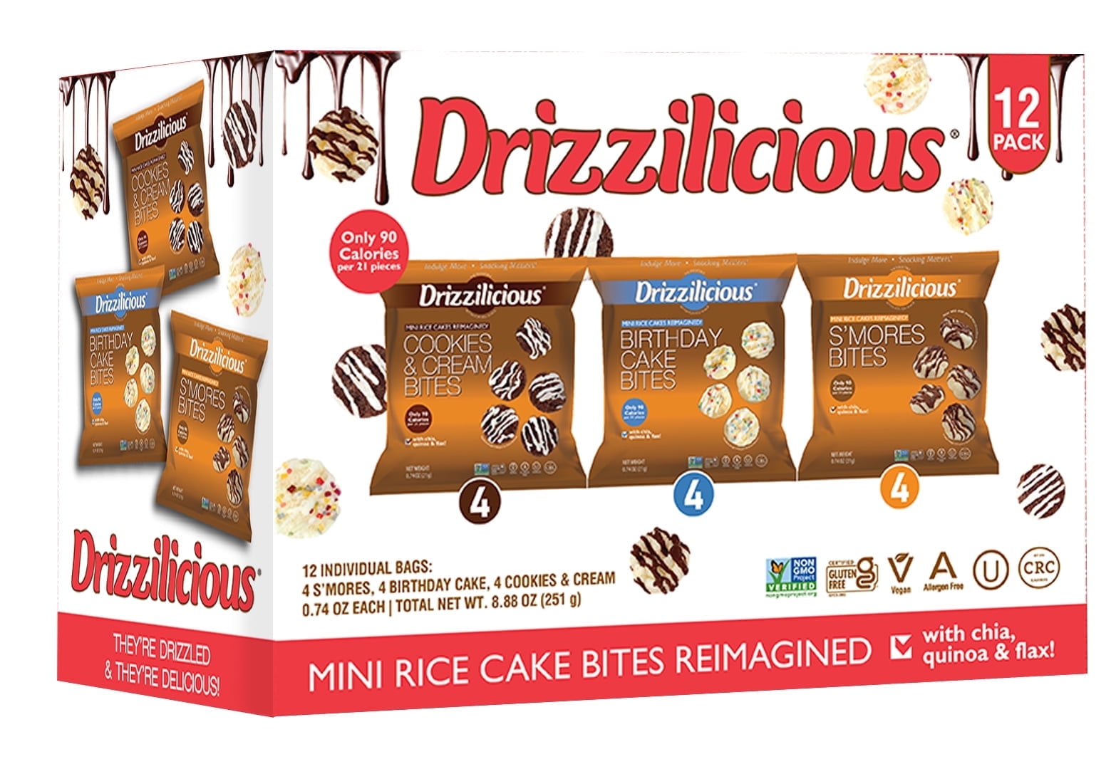 Drizzilicious Mini Rice Cakes Variety Pack- Flavored Rice Crisps, Healthy Snack for Adults & Kids, Vegan, Non-GMO, Gluten Free, Allergen Free, Kosher, 90 Calories per Serving (12 Pack)