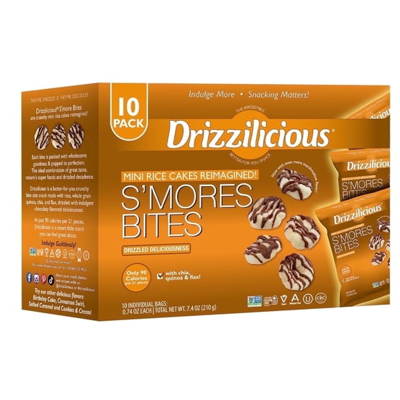 Drizzilicious Mini Rice Cakes, S'mores Flavored Rice Cake Gluten Free Snacks, Rice Crisps 10-Pack