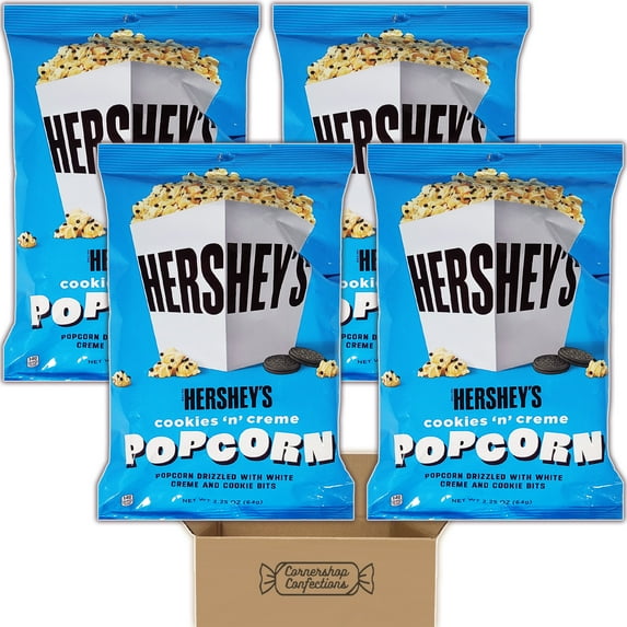Drizzled Popcorn Bulk Pack - Hershey's Cookie's 'N' Creme - 4 Individually Sealed 2.25 Ounce Bags - Popcorn Drizzled With White Creme and Cookie Bits - For Snack, Lunch, Movies in Cornershop Pack