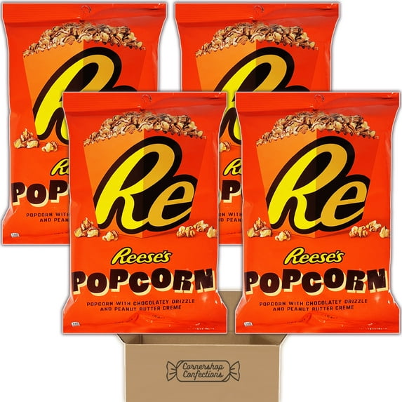 Drizzled Popcorn Bulk Pack - Reese's - 4 Individually Sealed 2.25 Ounce Bags - Popcorn with Chocolatey Drizzle and Peanut Butter Creme - For Snacks, Lunches, Movies in Cornershop Confections Pack