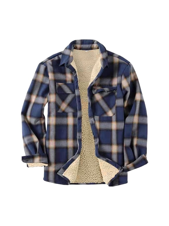 Men Casual Sherpa Fleece Lined Plaid Flannel Shirts Jackets Thermal Button Up Winter Work Coat Outwear Navy 2XL