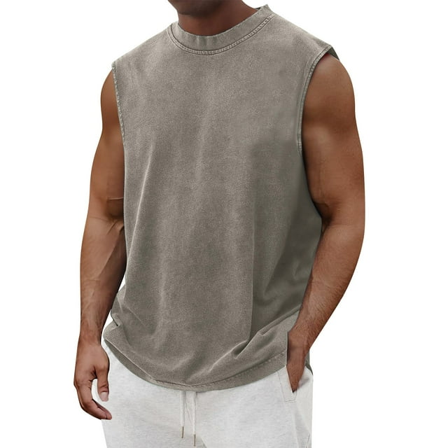 Kopltyrfg Mens Sleeveless Tank Tops Cut Off Muscle Gym T Shirts Running Beach Loose Fit Tees Khaki XL
