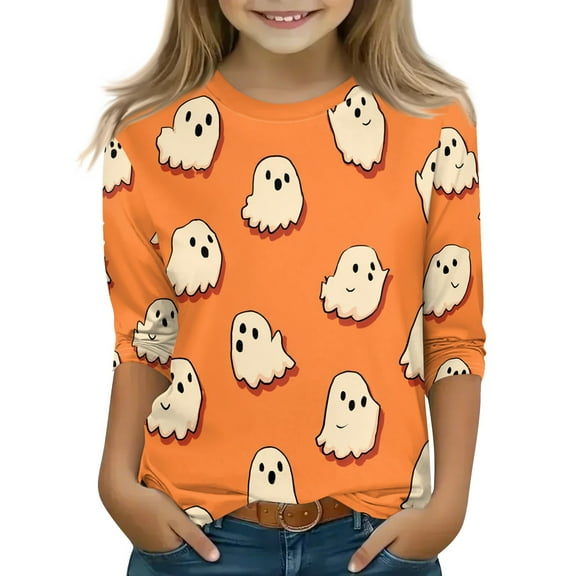Drmagiyhm 3/4 Sleeve Fall Shirts for Girl Size 10-12 Cute Floral Print Tshirt Casual Stylish Crewneck Shirts Girls Halloween Christmas Tops Orange 12-14 Years