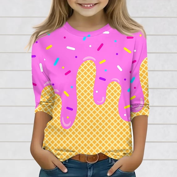 Drmagiyhm 3/4 Sleeve T Shirts for Girl Size 10-12 Cute Ice Cream Graphic Tshirt Casual Loose Crewneck Shirt Girls Beach Ice Cream Tops, Tees & Blouses Hot Pink 11-12 Years
