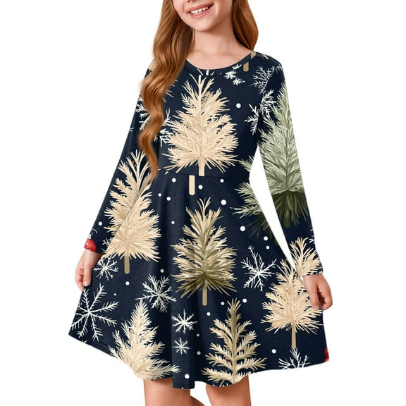 Drmagiyhm Beige Long Sleeve Dress for Girls Size 10-12 Boho Christmas Crew Neck Dress Twirly Chiffon a Line Dress Fall Casual Outfits 5-6 Years