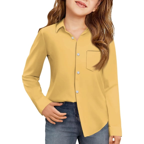 Drmagiyhm Cotton Button Down Shirts for Girls Golf Long Sleeve Shirt Casual Button Down Tshirts french toast School Shirts Yellow 7-8 Years