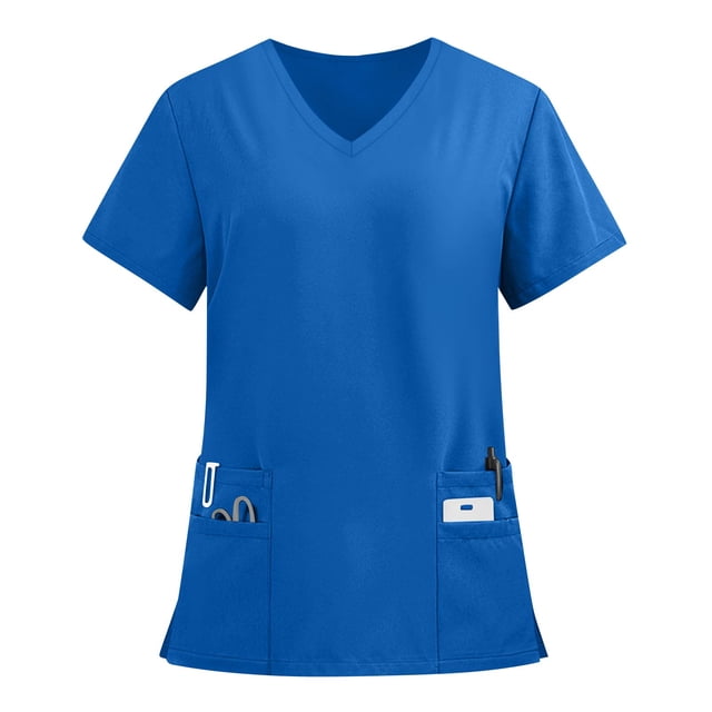 Drmagiyhm Dark Blue Scrubs for Women Solid Color Cozy Fit Plus Size Scrub Tops V-Neck Short Sleeve Stretch Nurse Scrubs Medical Nursing Uniforms with Pockets 5XL
