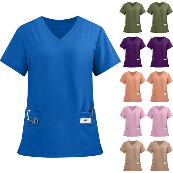 Drmagiyhm Dark Blue Scrubs for Women Solid Color Plus Size Scrub Tops V Neck Short Sleeve Stretchy Patriotic Tops Medical Working Uniform with Pockets 3XL