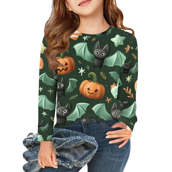 Drmagiyhm Girl's T-Shirts Size 10-12 Casual Halloween Floral Print Shirts Fashion Cute Holidays Long Sleeve T Shirts Little Girl Crewneck Tops, Tees & Blouses 9-10 Years Green