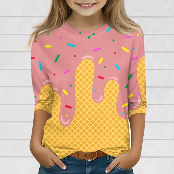 Drmagiyhm Girl's T-Shirts Size 10-12 Cute Ice Cream Graphic T-Shirts Casual Fashion Crewneck Shirts Girls Beach 3/4 Sleeve Tops Light pink 11-12 Years