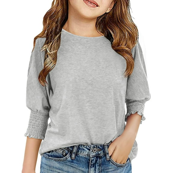 Drmagiyhm Girls 3/4 Sleeve Shirts Size 10-12 Cute T-Shirt Casual Trendy Crewneck Shirts Kids Smocked Cuffs Tops Gray 9-10 Years
