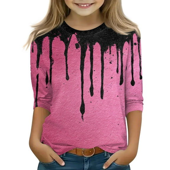 Drmagiyhm Girls 3/4 Sleeve Tops Size 10-12 Casual Floral Print Shirt Trendy Cute T Shirt Girl Halloween Christmas Crewneck Tops Hot Pink 5-6 Years