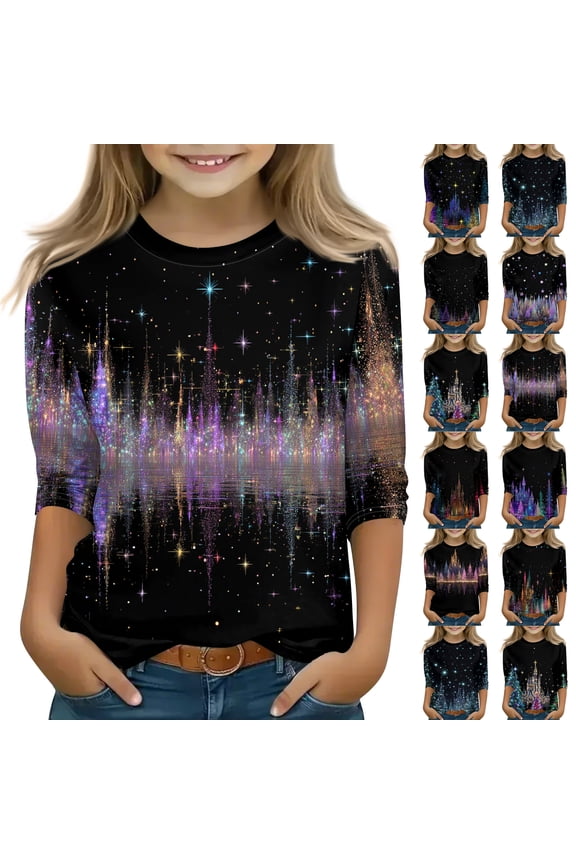 Girls Christmas T Shirts Size 10-12 Cute Crewneck Shirts Floral Print T Shirt Casual Loose Kids 3/4 Sleeve Graphic Tops, Tees & Blouses 11-12 Years Purple