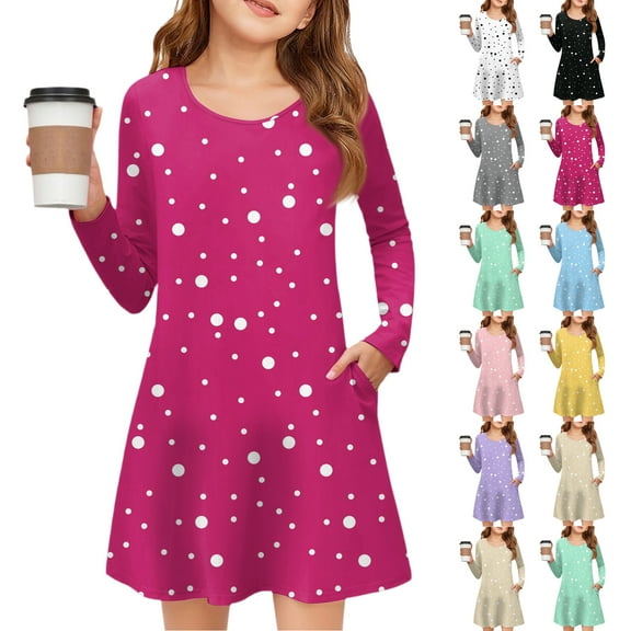 Drmagiyhm Girls Long Sleeve Dresses Size 10-12 Crew Neck Twirly Dress Flowy Polka Point Skater Dress Boho Chiffon Midi Dress White 5-6 Years