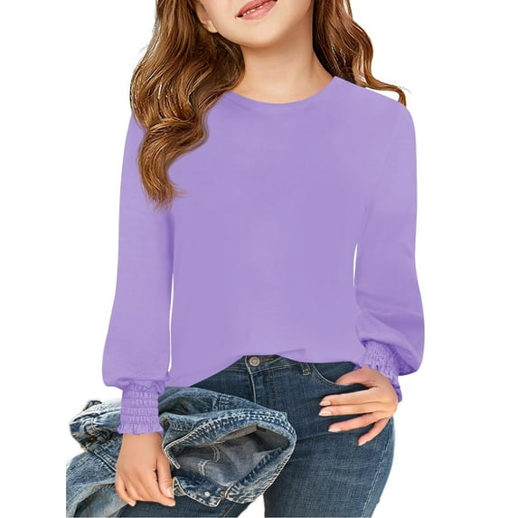 Drmagiyhm Girls Long Sleeve Shirts Size 10-12 Basic Shirt Solid Color T Shirts Casual Crewneck Stretchy Girls Comfy Fall Tees Purple 12-14 Years