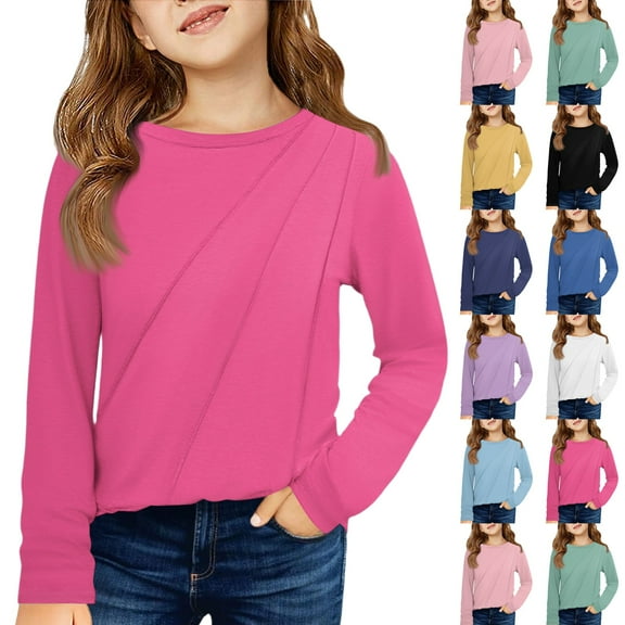 Drmagiyhm Girls Long Sleeve Shirts Size 10-12 Casual Crewneck Solid Color Shirt Stretchy Basic Fall Tshirt Little Girl Comfy Tees Light Purple 12-14 Years
