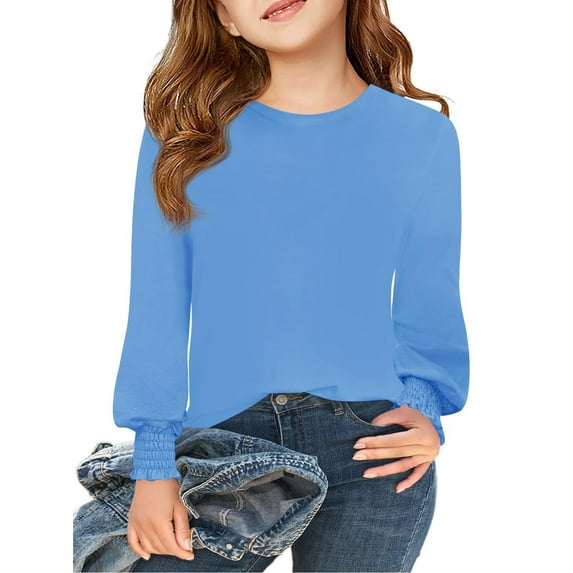 Drmagiyhm Girls Long Sleeve T Shirts Size 10-12 Casual Crewneck Solid Color Shirt Loose Basic Fall T-Shirt Little Girl Comfy Tops, Tees & Blouses Blue 4-5 Years