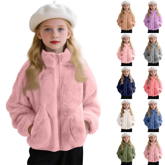 Drmagiyhm Girls Sherpa Fleece Jacket Full-Zip Thick Sweatshirt Fuzzy Fleece Lightweight Outerwear Zip-Up Fuzzy Jacket Cozy Winter Coats with Pockets Army Green 3-4 Years