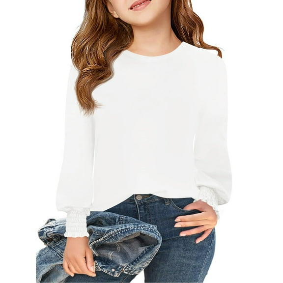 Drmagiyhm Girls Shirts Size 10-12 Basic Shirts Solid Color T-Shirt Casual Crewneck Trendy Little Girl Comfy Long Sleeve Tees White 7-8 Years