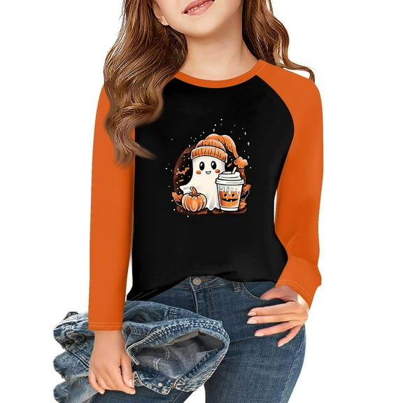Drmagiyhm Girls Shirts Size 10-12 Fall Cute Halloween Floral Print Tshirts Casual Holidays Stretchy Crewneck Shirts Girl Long Sleeve Tops 12-14 Years Ginger