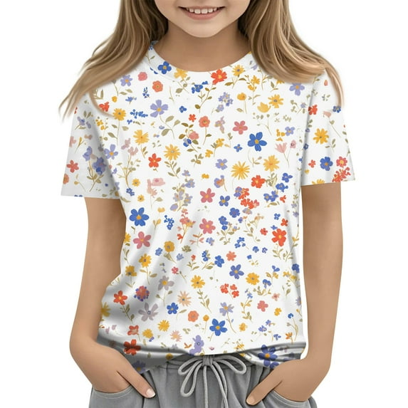 Drmagiyhm Girls Short Sleeve Tops Size 10-12 Casual Floral Print Shirt Fashion Cute Short Sleeve T-Shirt Kids Beach Crewneck Tops 7-8 Years