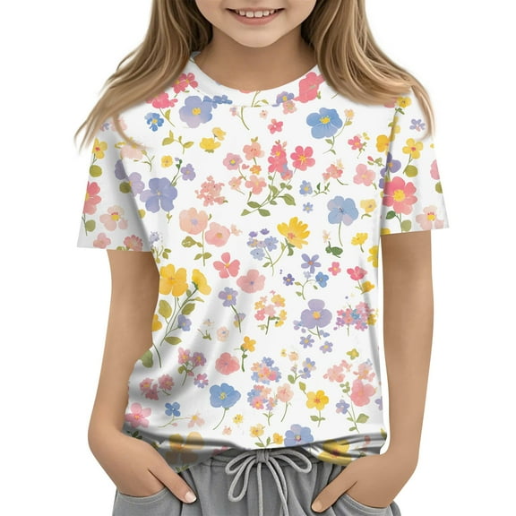 Drmagiyhm Girls Summer T Shirts Size 10-12 Cute Crewneck Shirts Floral Print T-Shirts Casual Loose Girls Beach Short Sleeve Tops 11-12 Years