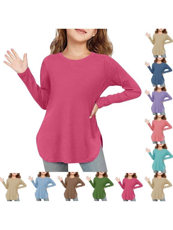 Girls T Shirts Size 10-12 Basic Solid Color T Shirt Casual Crewneck Fashion Shirt Girl Comfy Long Sleeve Tees Navy 12-14 Years