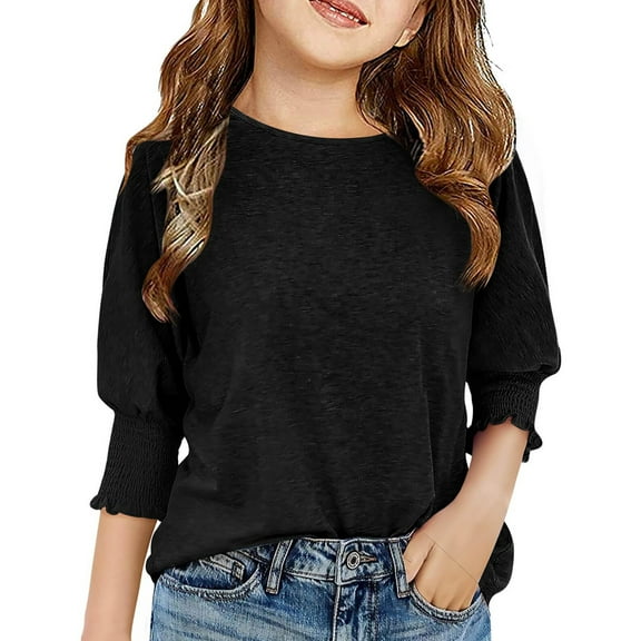 Drmagiyhm Girls T Shirts Size 10-12 Cute Crewneck Shirt Tshirt Casual Stretchy Girls Smocked Cuffs 3/4 Sleeve Tops, Tees & Blouses Black 4-5 Years