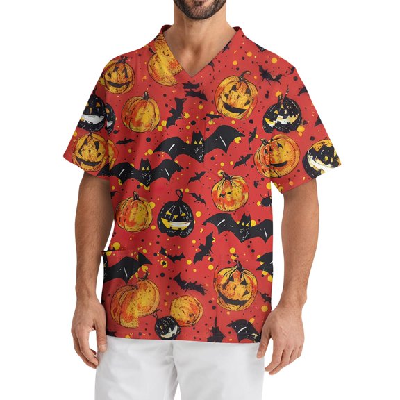 Drmagiyhm Halloween Black Scrubs for Men Pumpkins Fun Nurse Uniforms Short Sleeve Plus Size Scrubs Funny V-Neck Scrub Shirts Halloween Printed Nurse Uniforms Saffron 2XL