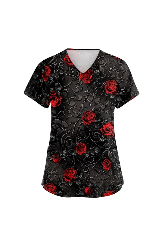 Halloween Black Scrubs for Women Halloween Shirt Fun Nurse Uniforms Short Sleeve V Neck Scrub Shirts Funny Pumpkins Printed Nurse Uniforms Watermelon Red 3XL