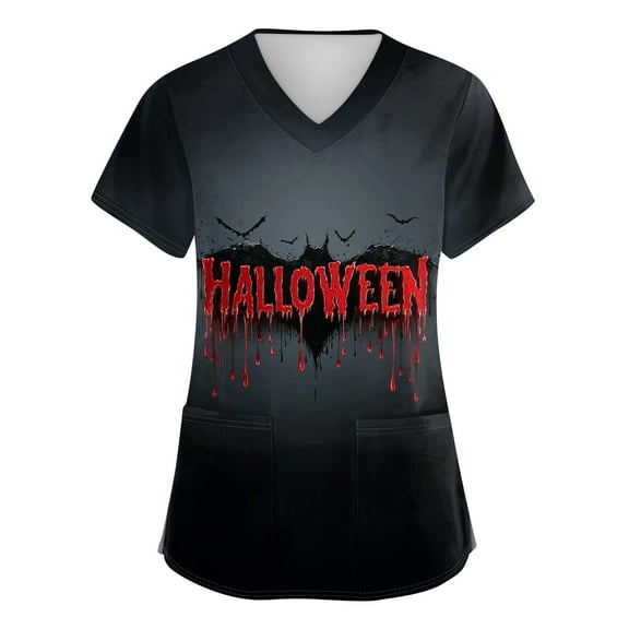 Drmagiyhm Halloween Black Scrubs for Women Nurse Uniforms Plus Size Short Sleeve Nursing Tops Fun V-Neck Scrub Shirts Halloween Printed Nurse Uniforms Wine 5XL